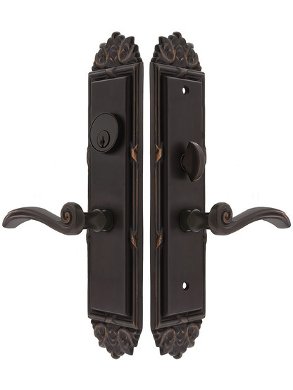Regency F20 Function Mortise Lock Entryset in Oil Rubbed Bronze with Left Hand Elan Levers, and Stop/Release Buttons.